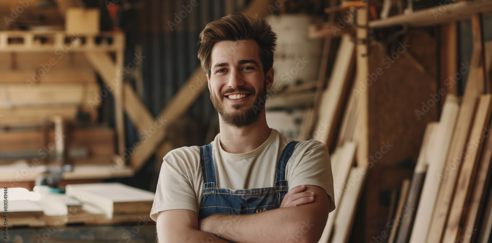 Portrait of a handsome carpenter standing in his workshop with his arms crossed and looking at the camera Portrait of a handsome carpenter standing in his workshop with his arms crossed and looking at the camera