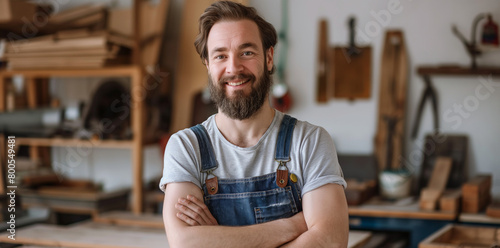Portrait of a handsome carpenter standing in his workshop with his arms crossed and looking at the camera © Nii_Anna