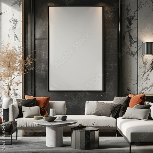 modern luxury living room with blank poster on the wall in black frame