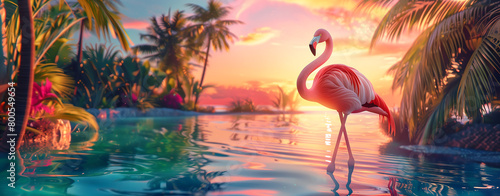  flamingo standing peacefully in the water by colorful sunset photo