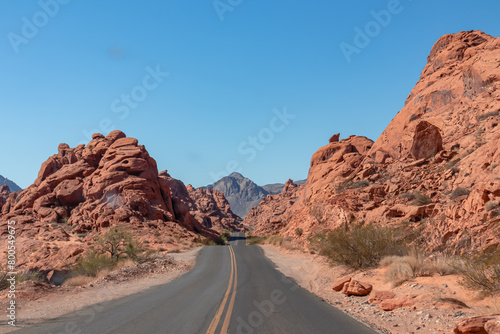 Panoramic view of endless winding empty Mouse tank road in Valley of Fire State Park through canyons of red Aztec Sandstone Rock formations and desert vegetation in Mojave desert, Overton, Nevada, USA