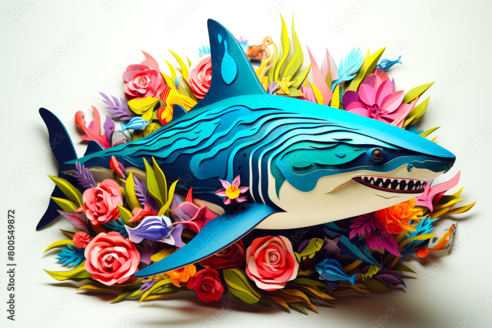 An exquisite papercut artwork featuring shark  illustration, intricately crafted from layers of paper to create a striking and dimensional effect.