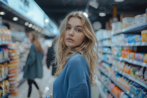 A young beautiful blonde woman in a blue sweater stands in a supermarket in the household department and chooses feminine hygiene products on the shelf, pads. Shoppers walk in the, Generative AI