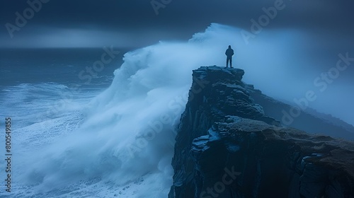 AI generated illustration of a man standing on a cliff gazing at waves crashing below