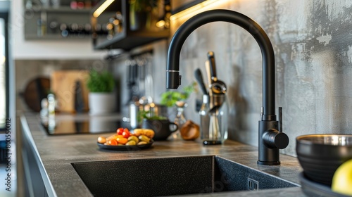 a black faucet adorning a stainless steel sink in a kitchen, featuring concrete walls and grey textures, with a close-up shot bathed in soft lighting that accentuates nearby details.