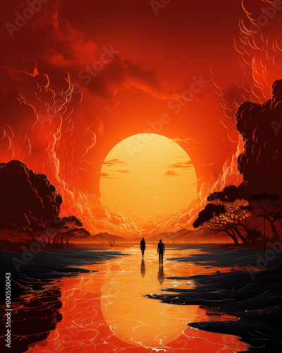 two people walking lonely into the hot sun in a desolate dry landscape during global warming photo
