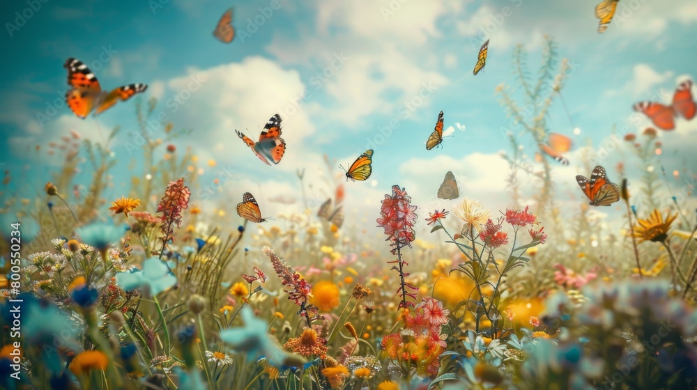 A field of wildflowers adorned with an array of colorful butterflies, a picturesque scene straight from a fairy tale.