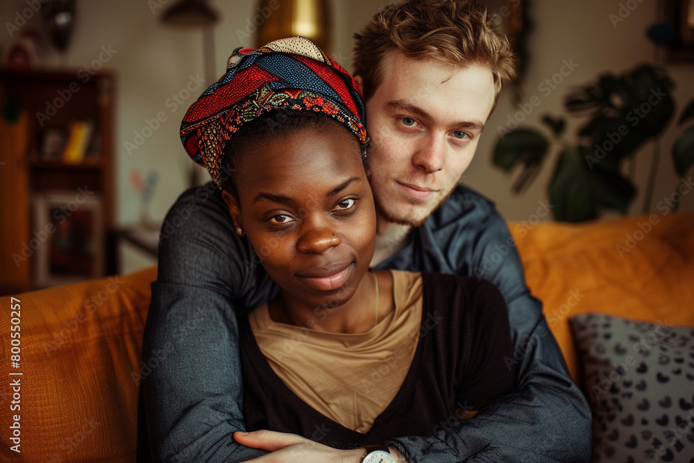 Multi-ethnic couple at home on the sofa in an embrace Multi-ethnic couple at home on the sofa in an embrace