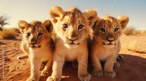 a group of young small teenage lions curiously looking straight into the camera in the desert.