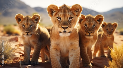 a group of young small teenage lions curiously looking straight into the camera in the desert. © hamad