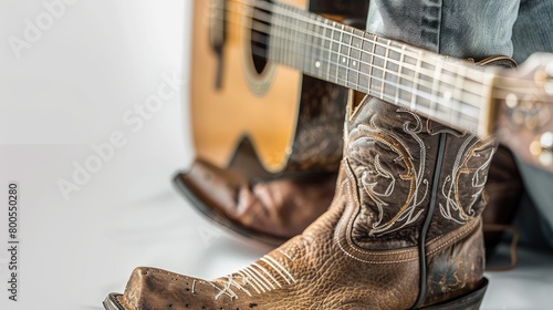 a cowboy hat, lasso, and boots set against a white background, accompanied by a guitar, evoking the spirit of the Wild West and the soulful tunes of country melodies.