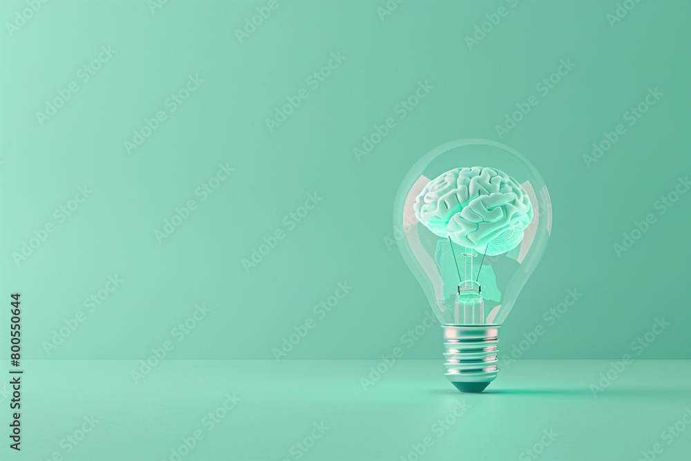 A 3D illustration of a crystal-clear light bulb with a luminous brain inside, placed on a pastel mint background for a fresh idea concept A 3D illustration of a crystal-clear light bulb with a luminous brain inside, placed on a pastel mint background for a fresh idea concept