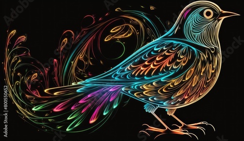 An illustration abstract design of a glowing bird with a long tail, surrounded by swirling neon colors,set against a black background © positfid
