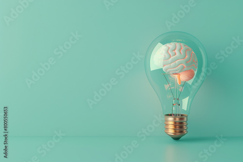 A 3D illustration of a crystal-clear light bulb with a luminous brain inside, placed on a pastel mint background for a fresh idea concept  