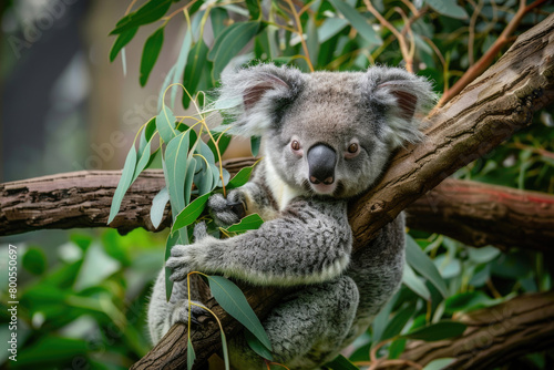 Snuggly baby koala clinging to eucalyptus branch
