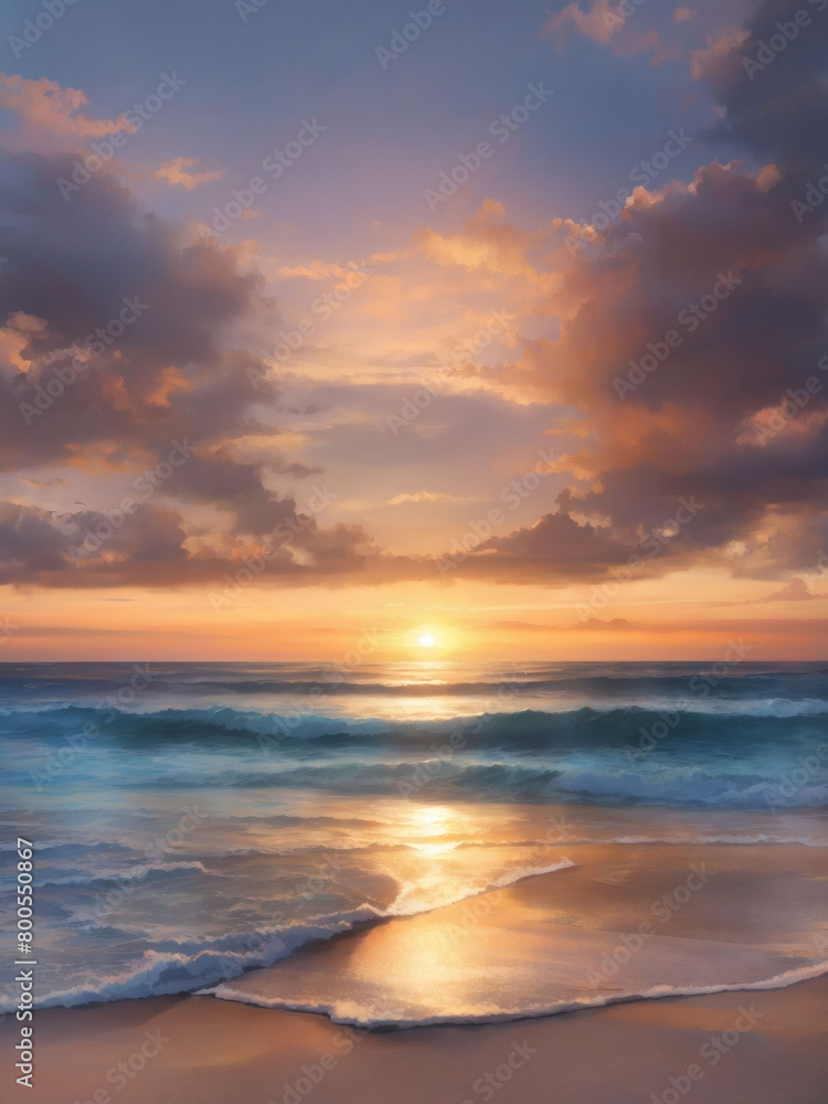 Sundown dreamscape, A serene and dreamy atmosphere as the sun sets over the ocean.