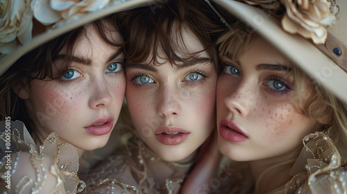 Portrait of three girls in a hat with pronounced makeup from the 20s of the last century. photo