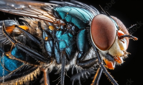 Closeup of an electric blue and orange arthropod on a black background © Andrey
