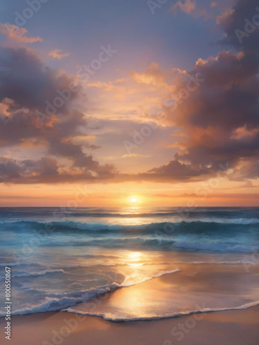 Sundown dreamscape, A serene and dreamy atmosphere as the sun sets over the ocean.