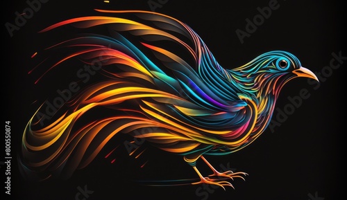 A creative abstract design of a glowing bird with a long tail, surrounded by swirling neon colors,set against a black background © positfid