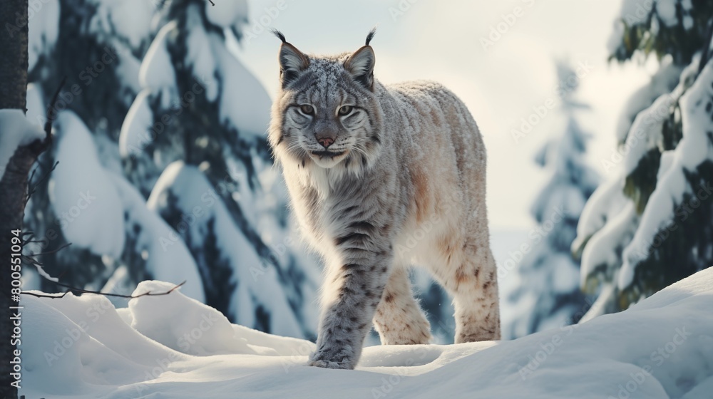 a Lynx Walking in a Snowy Forest.