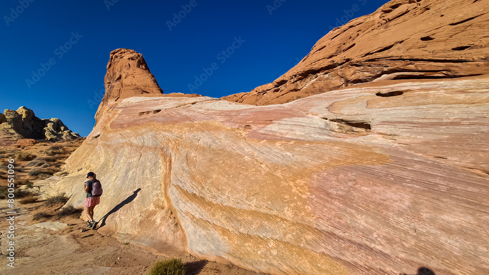 Woman climbing striated red and white rock formations along the White Domes Hiking Trail in Valley of Fire State Park in Mojave desert, Nevada, USA, America. Natural landmark shaped like a spire