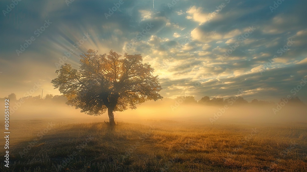 A majestic tree stands alone in a tranquil field, its leaves shimmering with the golden hue of sunlight filtering through its branches. The landscape is engulfed in a soft mist that blankets the groun