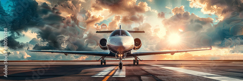 Business jet on the runway against the backdrop of a beautiful sky with beautiful clouds. photo