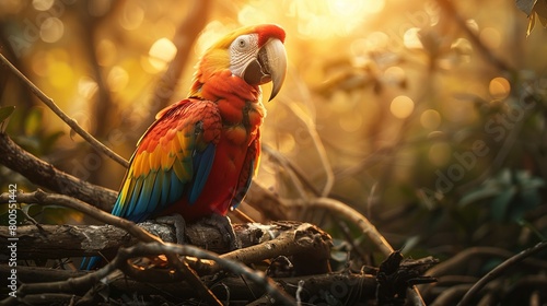 A vibrant scarlet macaw is perched on a tree branch amid dense foliage. The sunlight filters through the leaves, creating a bokeh effect with orbs of light that lend the background a warm, golden tone photo
