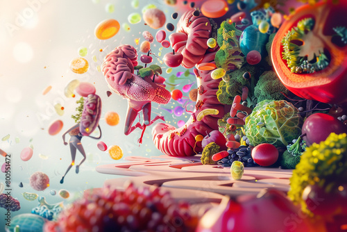 A 3D render focusing on the dietary sources of different types of lipids and their metabolic pathways within the human body  photo