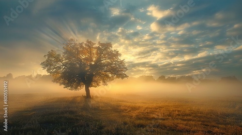 A majestic tree stands alone in a tranquil field  its leaves shimmering with the golden hue of sunlight filtering through its branches. The landscape is engulfed in a soft mist that blankets the groun