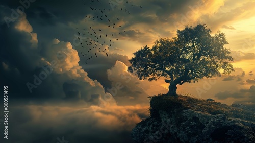 The image features a solitary tree perched on the edge of a rocky cliff, with its branches spreading widely against a dramatic sky. The sky is filled with a mix of clouds, some dark and ominous, other photo