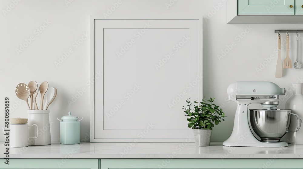 a stand mixer on the counter, complemented by a framed poster on the wall, soft lighting, and a modern, clean aesthetic boasting a neutral color palette. a stand mixer on the counter, complemented by a framed poster on the wall, soft lighting, and a modern, clean aesthetic boasting a neutral color palette.