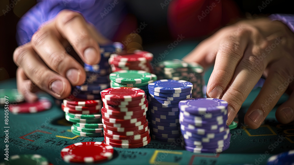 Close-up of a player's hand in a casino with colored chips for playing roulette. Close-up of a player's hand in a casino with colored chips for playing roulette.
