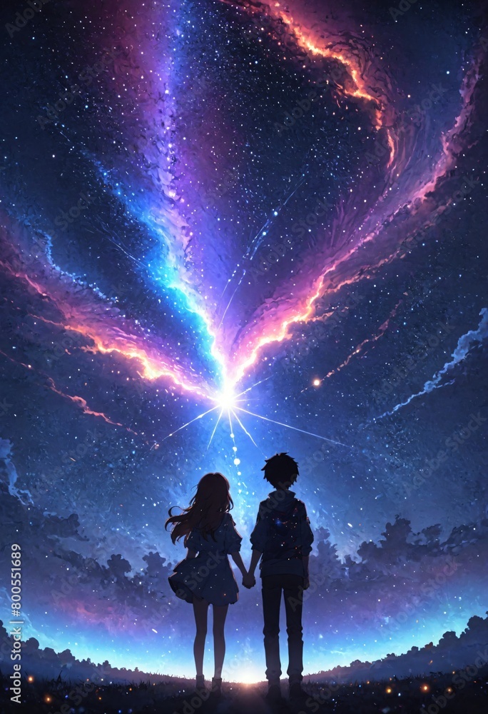 a boy and a girl are holding hands under a starry sky