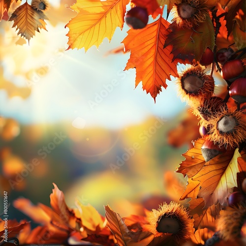 Schöner herbstlicher Hintergrund mit bunten Blättern und Kastanien