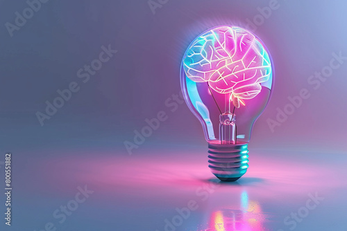 A 3D rendering of a light bulb with a digital brain pattern glowing in neon colors, against a pastel grey background, symbolizing technology and mind 