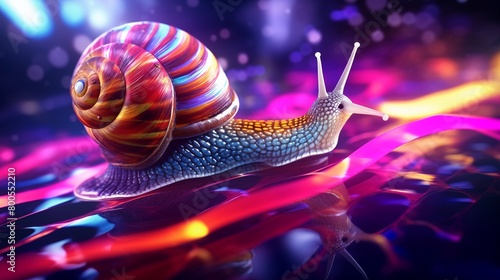 a snail with a colorful swirling shell crawling on a surface with neon light trails. photo