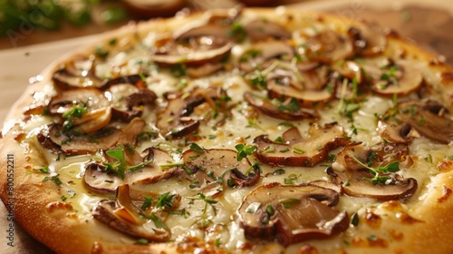 A gourmet pizza topped with thinly sliced porcini mushrooms, their earthy flavor complementing the melted cheese and fresh herbs.