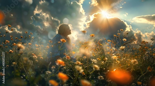 A serene scene captures a field of delicate, orange wildflowers bathed in the golden light of the setting sun. The warm rays create a soft glow and dance around the silhouetted figure of a woman who i