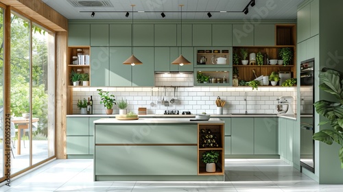 Stylish Sage Green Kitchen with White Tiles