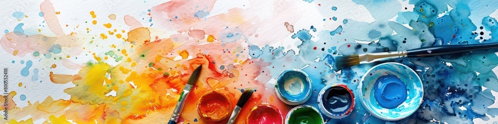 bright artistic watercolor banner with lot of splashes and the materials used bright artistic watercolor banner with lot of splashes and the materials used