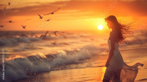 A woman is walking on a beach at sunset. The sun is large and low on the horizon, casting a warm orange glow over the scene. The woman is in profile, facing to the left of the frame. Her hair and a li