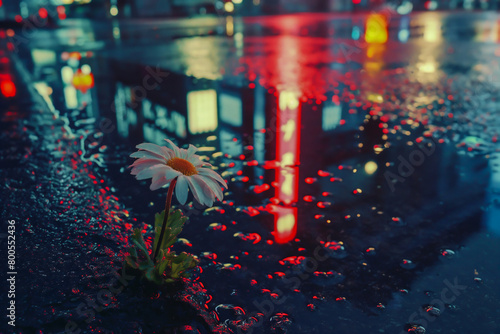 AI generated illustration of a white daisy reflected in water puddle with blurred background