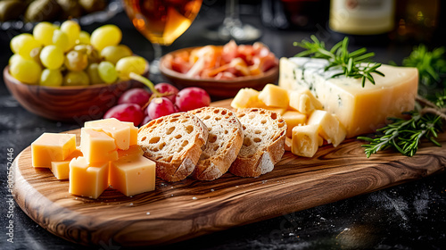 Cheese platter with different types of cheese, grapes and wine