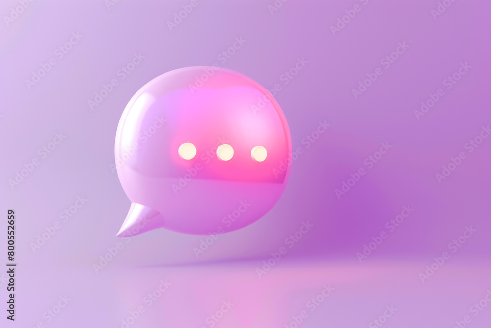 A 3D speech bubble icon, emitting a soft light on a pastel lilac background A 3D speech bubble icon, emitting a soft light on a pastel lilac background