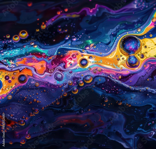 abstract pattern background with liquid colorful fluid with bubbles and dark tones