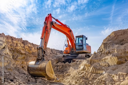 Excavator operating at a construction site during excavation against a backdrop of blue sky. Open-pit development for sand extraction