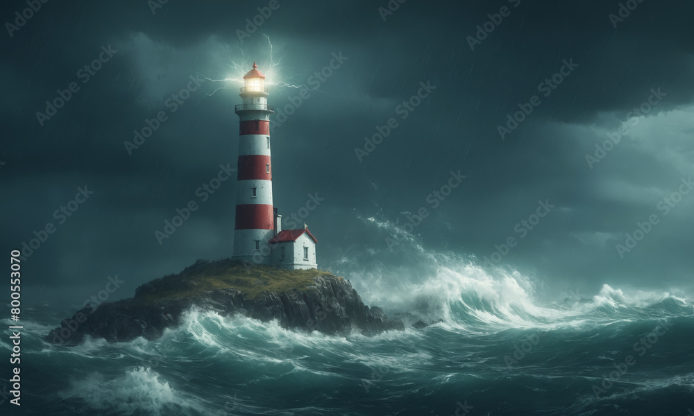 A beacon of light shines from the lighthouse in the stormy ocean