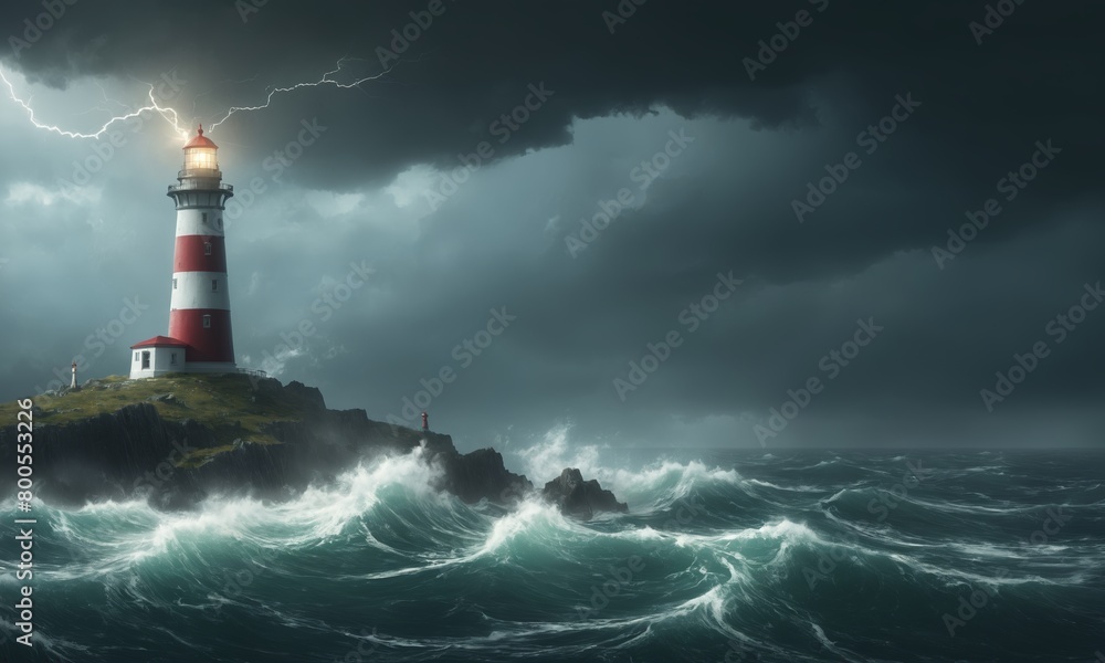 Lighthouse on small island in stormy ocean with dark sky and rough water
